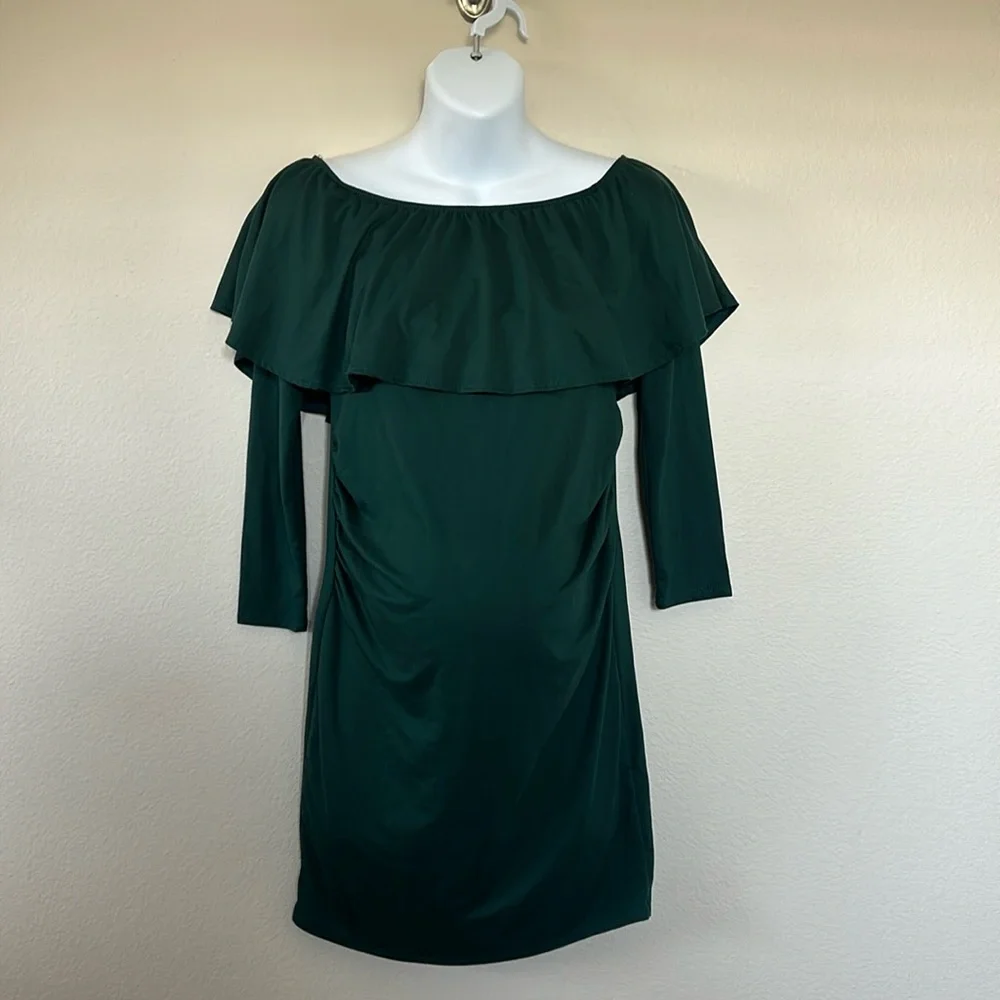 Pinkblush Emerald Green Ruffle Off The Shoulder Long Sleeve Maternity Mini Dress - Picture 3 of 10
